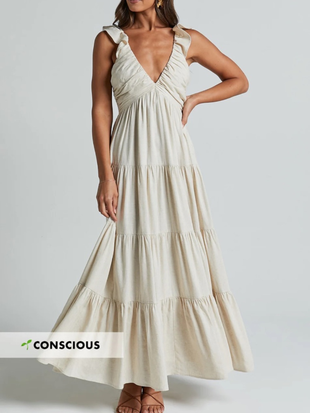 Showpo NICOLLEE MIDI DRESS - PLUNGE NECK SLEEVELESS TIERED DRESS IN NATURAL